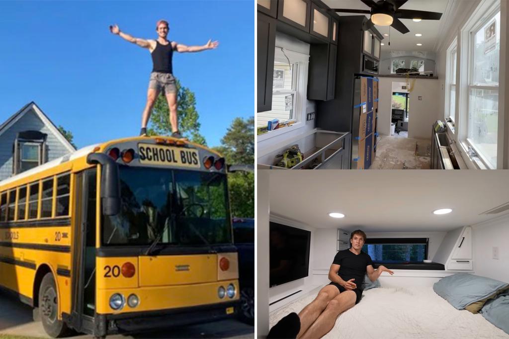 YouTuber Chay Denne, fed up with the rent, converts a school bus into a two-story house